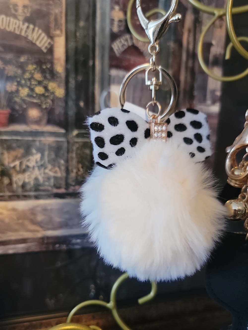 Faux Fur Pom Pom Keychain with Black Spot Bow - White